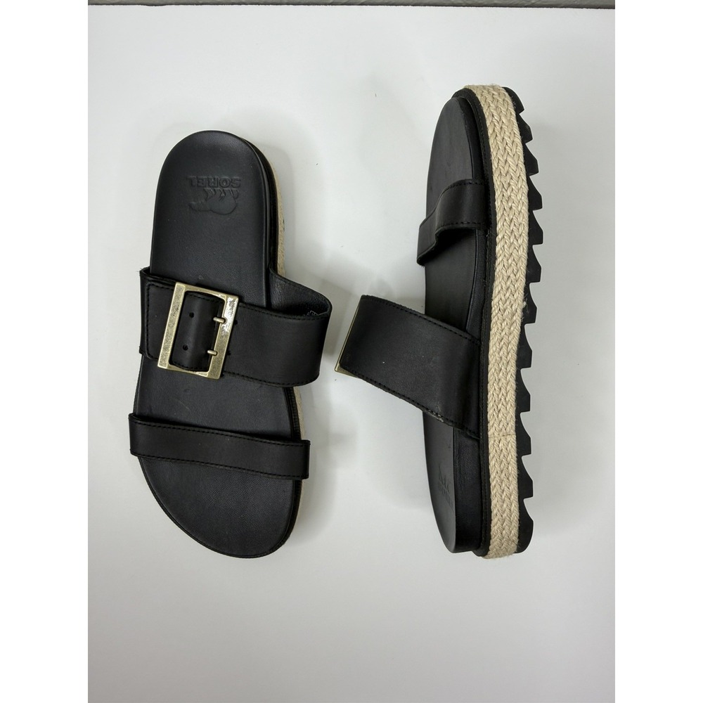Sorel Sandals Womens 7 Roaming Buckle Slide Black Leather Casual Slip On Jute